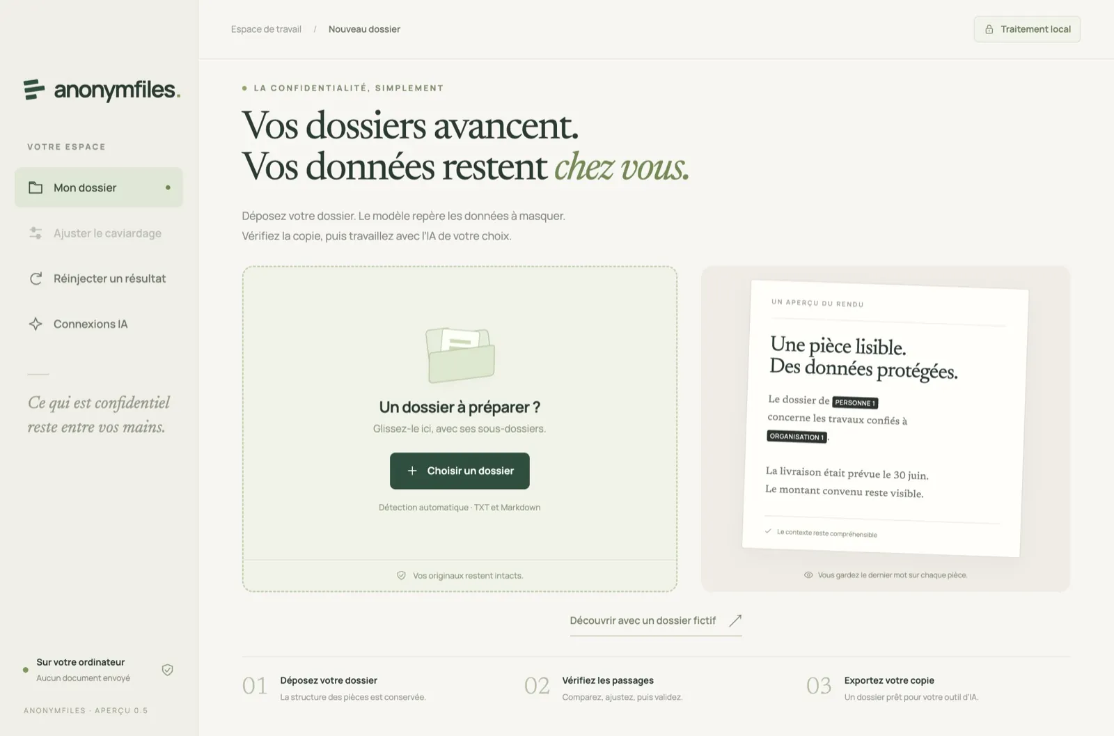 Écran d'accueil d'AnonymFiles : on dépose un dossier entier, ou l'on ouvre le dossier fictif intégré.