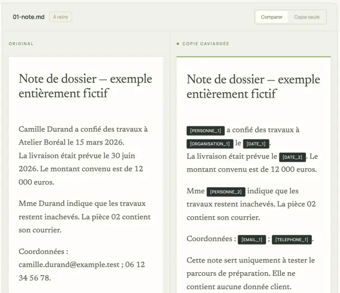 Side-by-side review of a sample memo: the original on the left with the names in clear, the copy on the right with [PERSONNE_1], [ORGANISATION_1], [DATE_1], [EMAIL_1] and [TELEPHONE_1].