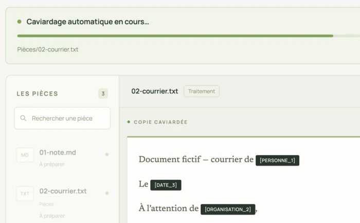 Detection running in AnonymFiles: the progress bar moves document by document, and the copy already shows [PERSONNE_1], [DATE_3] and [ORGANISATION_2].