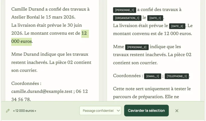 Manual redaction: “12 000 euros” is highlighted in the original, and the bottom bar offers “Passage confidentiel” (confidential passage) and the “Caviarder la sélection” (redact selection) button.