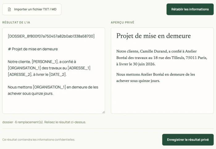 Putting names back into a sample AI answer: on the left the pasted text, with its [DOSSIER_…] reference and its labels; on the right the private preview where the real names and the address are restored.